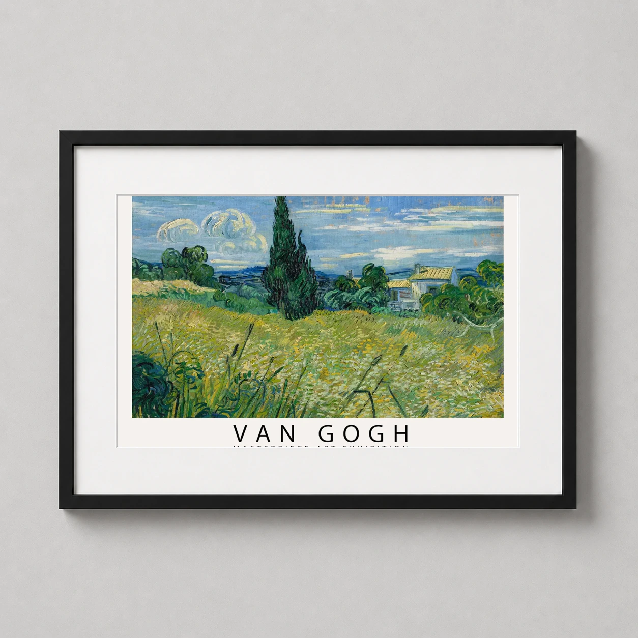 Van Gogh Green Field — vibrant post-impressionist landscape featuring swirling green fields, a