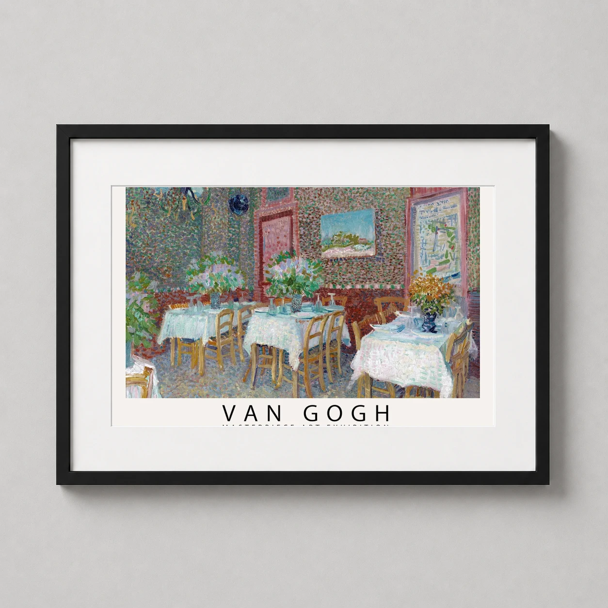 Room mockup of Interior of a Restaurant by Van Gogh, Impressionist Art Print, displayed as framed wall art in a living room setting as a landscape print with blue and white tones.