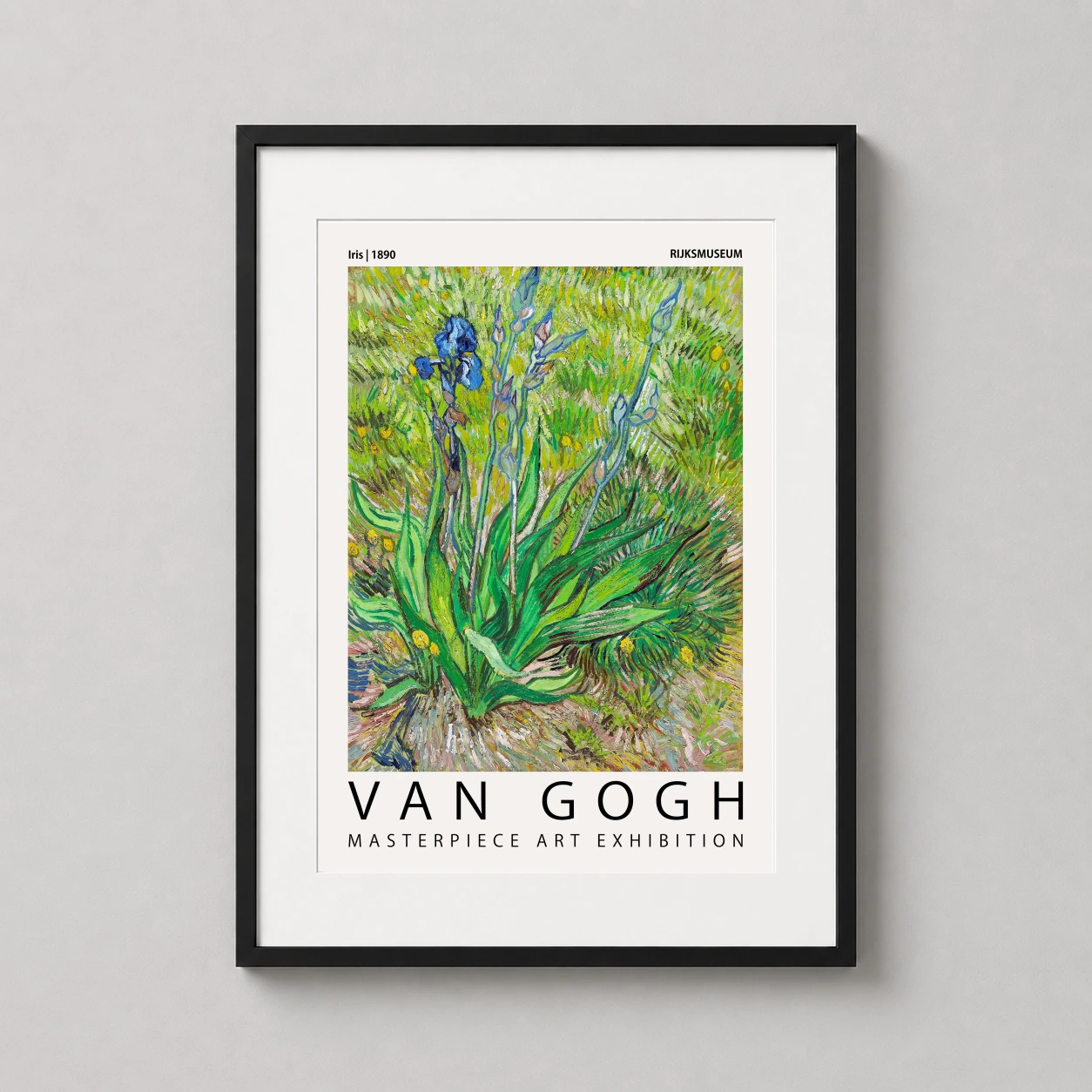 Room mockup of Van Gogh Iris 1890 Exhibition, Impressionist Wall Art Print, displayed as framed wall art in a living room setting as a portrait print with blue, green, and yellow tones.