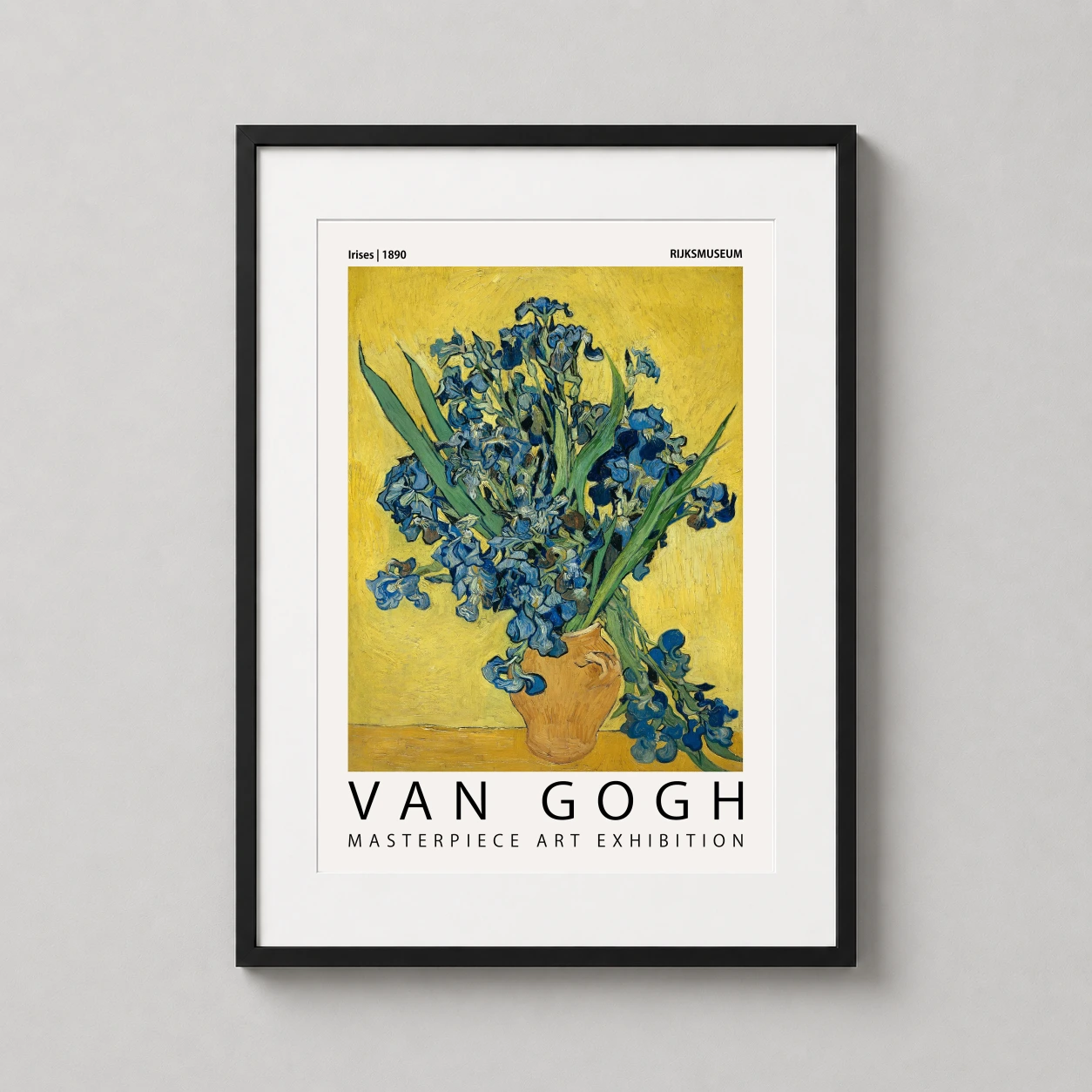 Room mockup of Vincent Van Gogh Irises 1890 Rijksmuseum Exhibition Art Print, displayed as framed wall art in a living room setting as a portrait print with blue and yellow tones.
