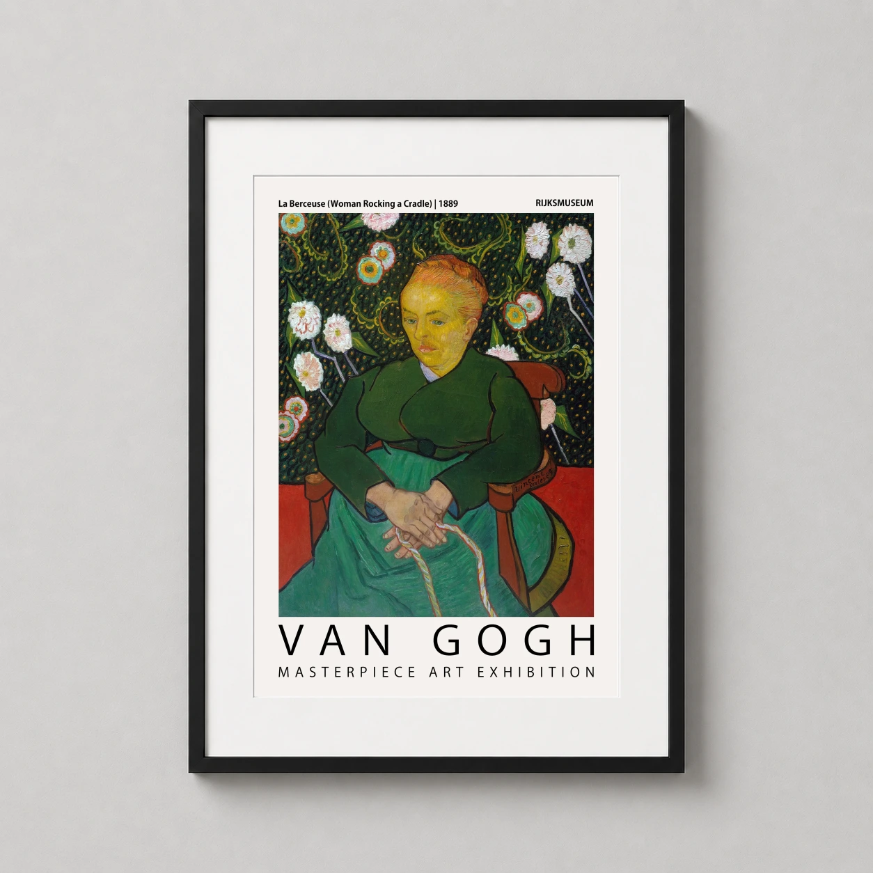 Room mockup of Van Gogh La Berceuse Woman Rocking a Cradle Exhibition Art Print, displayed as framed wall art in a living room setting as a portrait print with green and red tones.