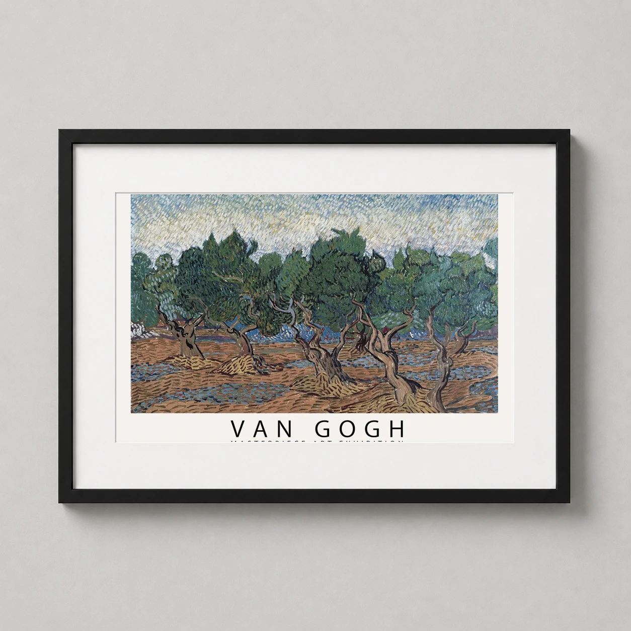 Room mockup of Vincent Van Gogh Olive Grove 1889 Masterpiece Exhibition Art Print, displayed as framed wall art in a living room setting as a landscape print with yellow tones.