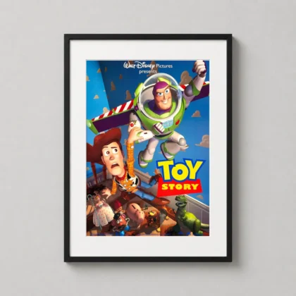 1995 Toy Story Movie Poster with Woody and Buzz Lightyear on a matte paper print from MerchFuse.