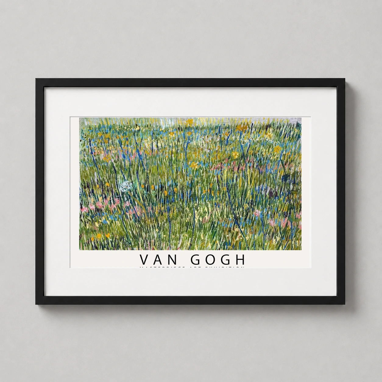 Room mockup of Van Gogh Patch of Grass 1887 Masterpiece Exhibition Art Print, displayed as framed wall art in a living room setting as a landscape print with blue, green, and yellow tones.