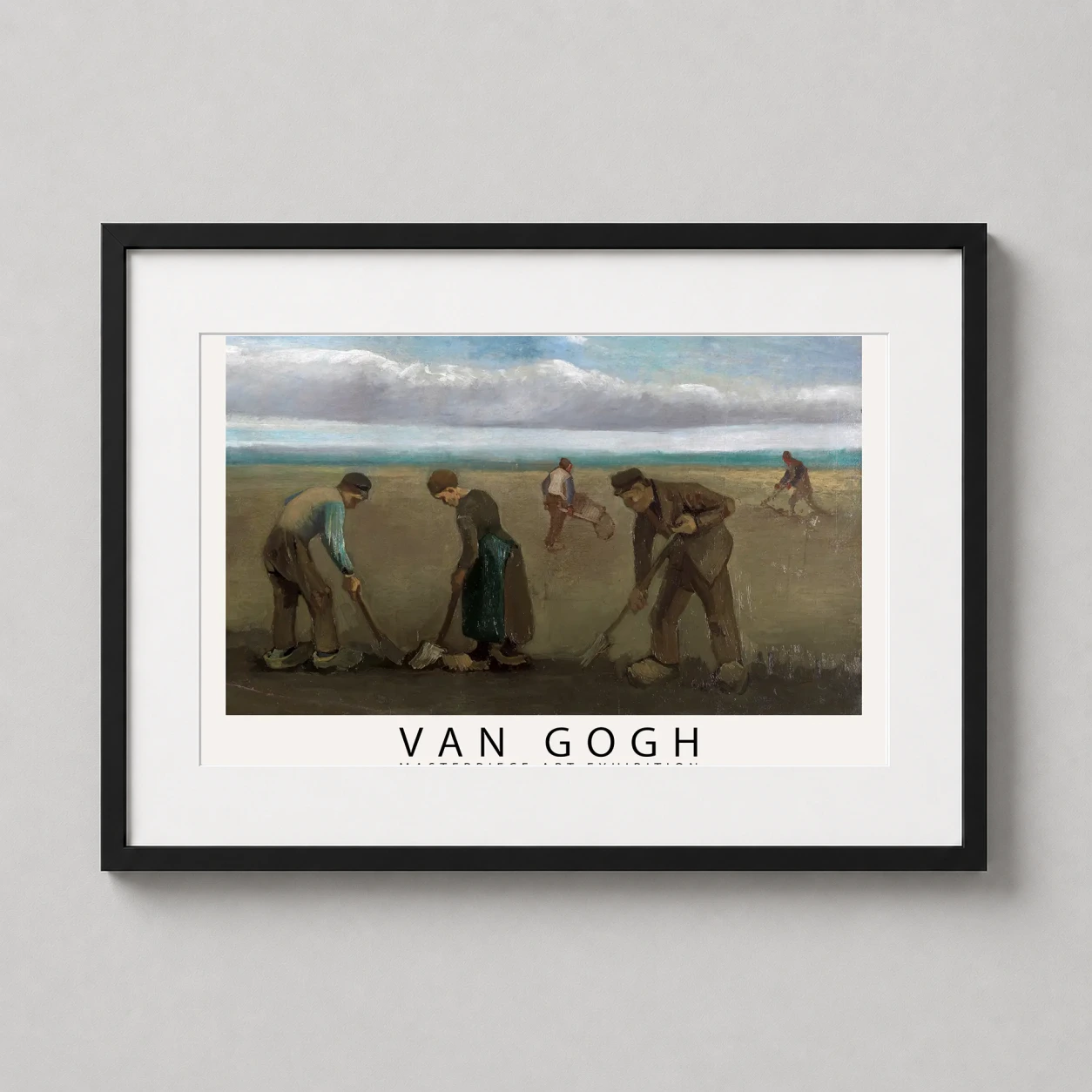 Room mockup of Peasants Planting Potatoes Van Gogh Exhibition Art Print, displayed as framed wall art in a living room setting as a landscape print.