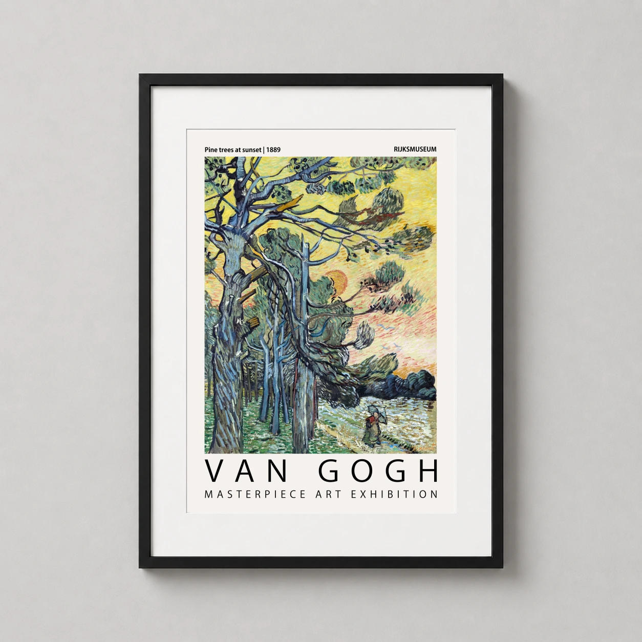 Room mockup of Vincent Van Gogh Pine Trees at Sunset Exhibition Art Print, displayed as framed wall art in a living room setting as a portrait print with yellow tones.