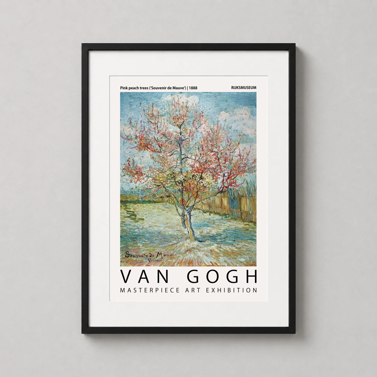 Room mockup of Van Gogh Pink Peach Trees Souvenir de Mauve Exhibition Art Print, displayed as framed wall art in a living room setting as a portrait print with blue, yellow, and pink tones.