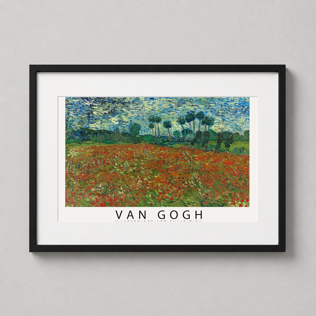Van Gogh Poppy Field — vibrant field of red poppies stretches toward a line of lush green