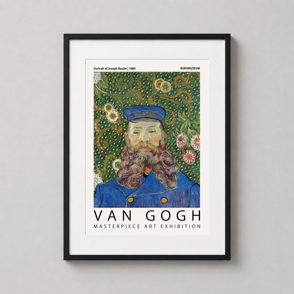 Room mockup of Joseph Roulin Portrait Van Gogh Masterpiece Exhibition Art Print, displayed as framed wall art in a living room setting as a portrait print with blue, green, and yellow tones.