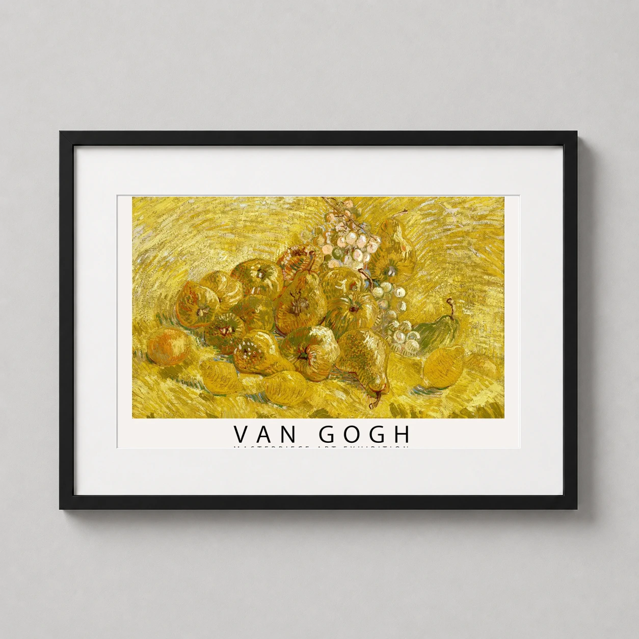 Room mockup of Vincent Van Gogh Still Life With Fruit Impressionist Art Print, displayed as framed wall art in a kitchen setting as a landscape print with yellow and gold tones.