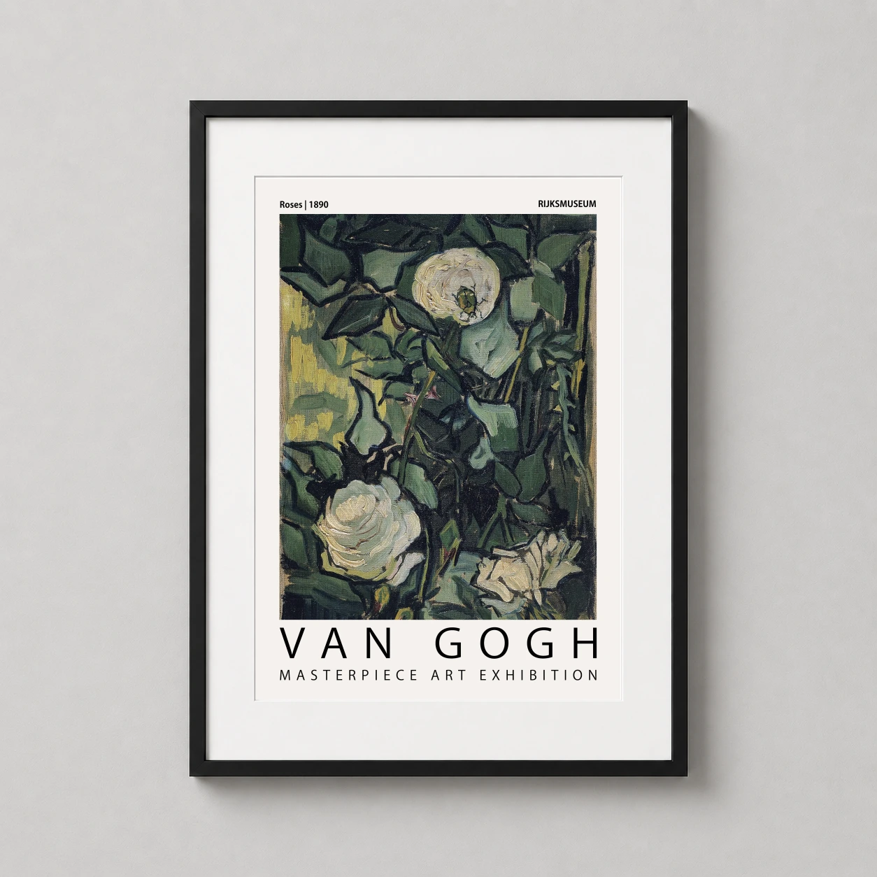 Room mockup of Van Gogh Roses 1890 Masterpiece Art Exhibition Poster, displayed as framed wall art in a living room setting as a portrait print with green and white tones.