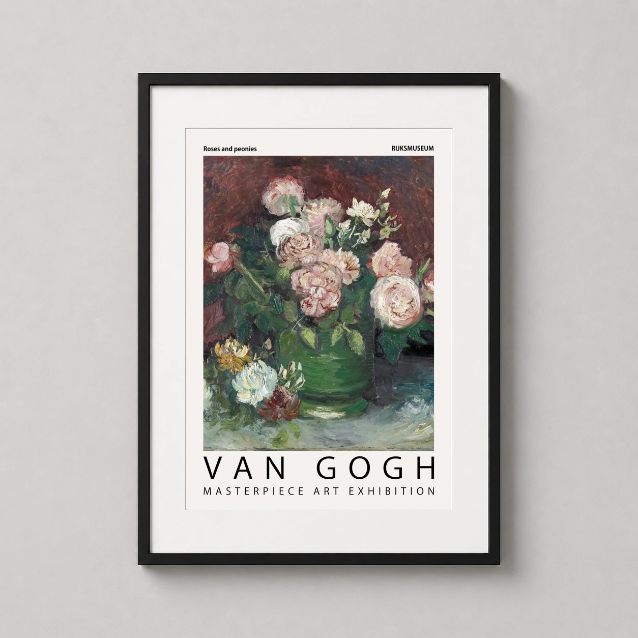 Van Gogh Roses Peonies — lush arrangement of pink roses and white peonies in a green glass vase
