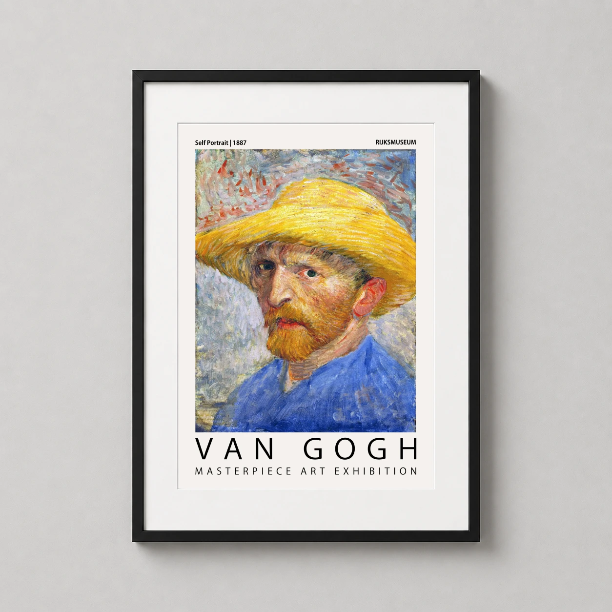 Room mockup of Vincent Van Gogh Self-Portrait 1887 Straw Hat Exhibition Art Print, displayed as framed wall art in a living room setting as a portrait print with blue, yellow, and grey tones.