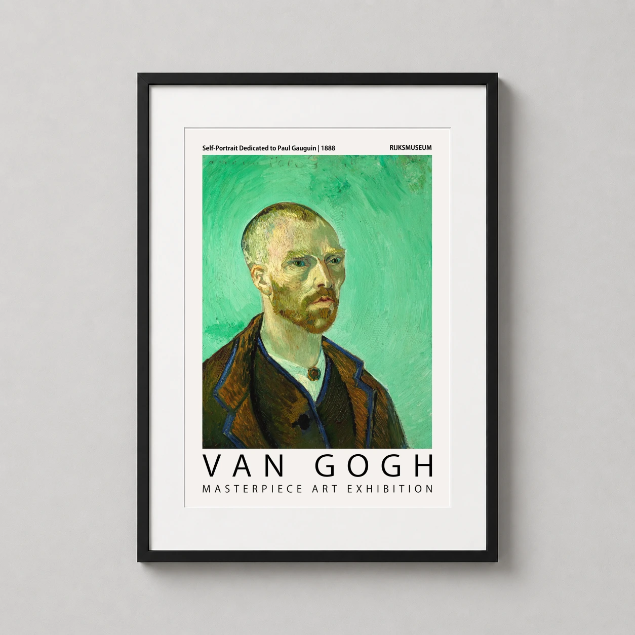 Room mockup of Van Gogh Self-Portrait Dedicated to Paul Gauguin Exhibition Art Print, displayed as framed wall art in a living room setting as a portrait print with green tones.