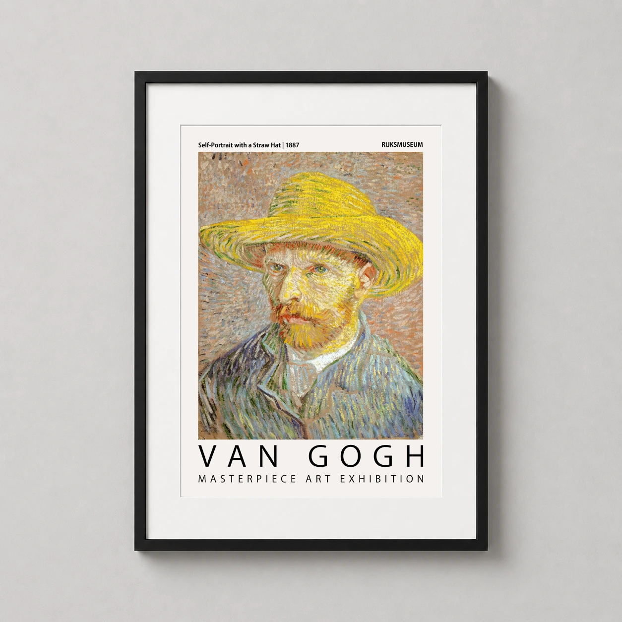 Room mockup of Van Gogh Self-Portrait with a Straw Hat Exhibition Art Print, displayed as framed wall art in a living room setting as a portrait print with yellow tones.