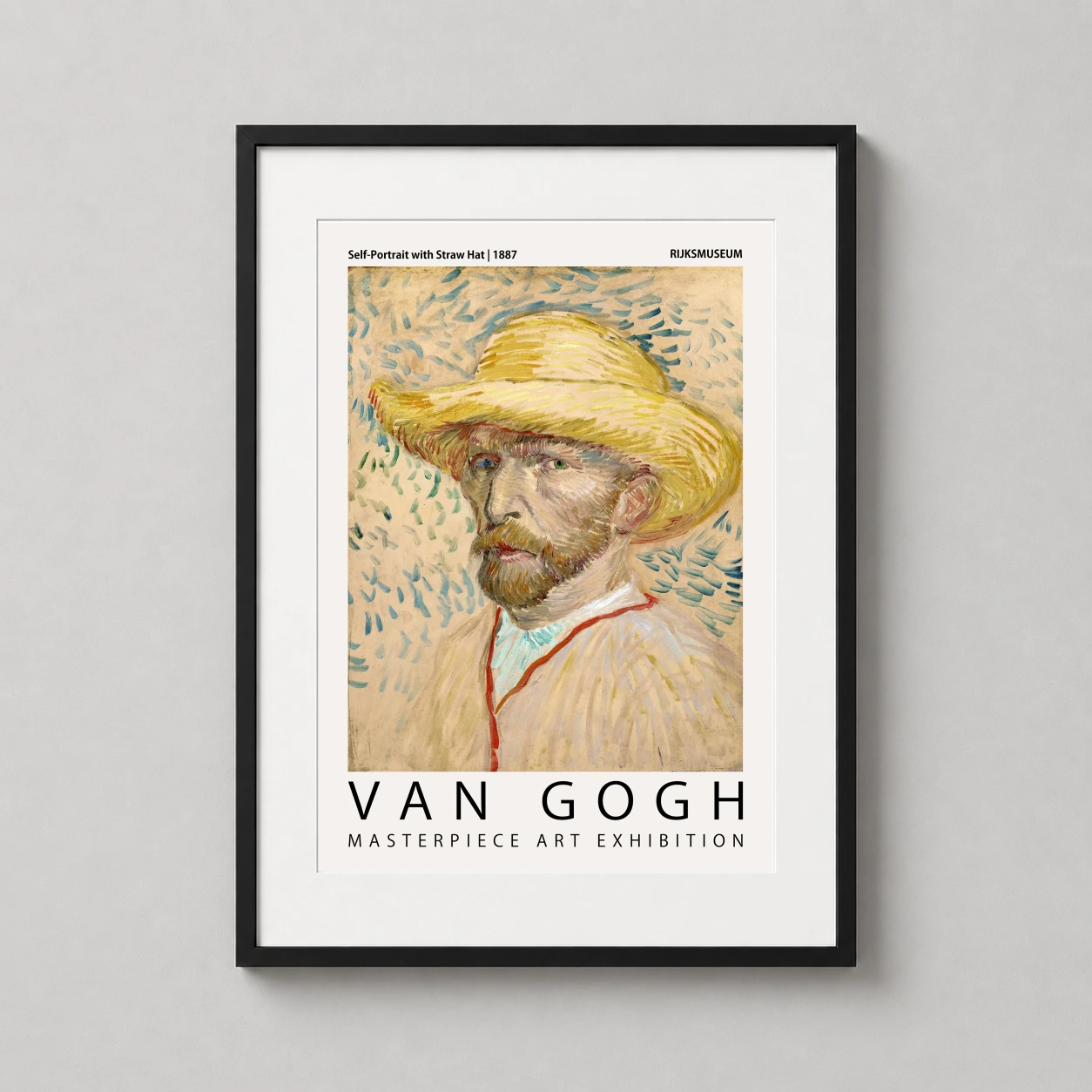 Room mockup of Van Gogh Self-Portrait with Straw Hat Masterpiece Art Print, displayed as framed wall art in a living room setting as a portrait print with blue and yellow tones.