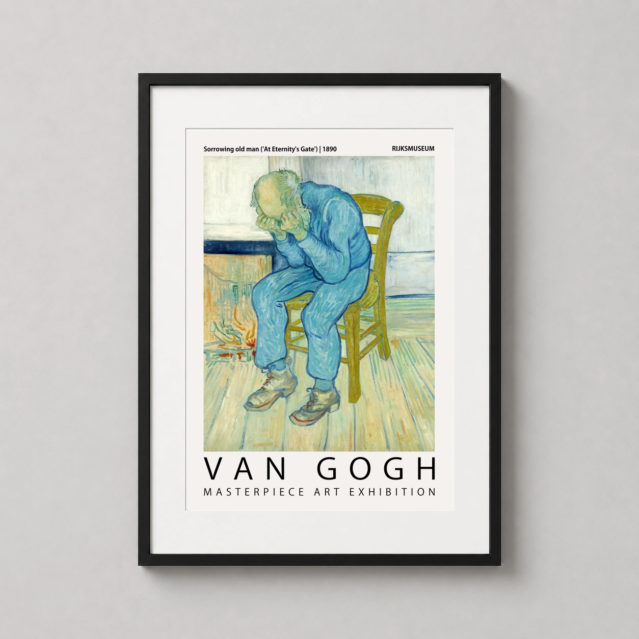 Room mockup of Sorrowing Old Man At Eternity's Gate, Van Gogh Exhibition Art Print, displayed as framed wall art in a living room setting as a portrait print with blue tones.