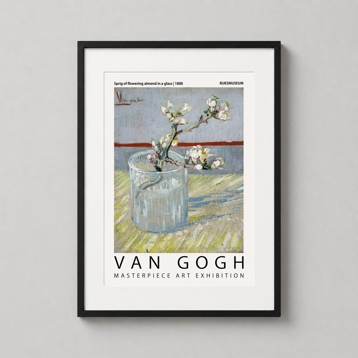 Room mockup of Van Gogh Sprig of Flowering Almond in a Glass Art Print, displayed as framed wall art in a living room setting as a portrait print with blue, yellow, and white tones.