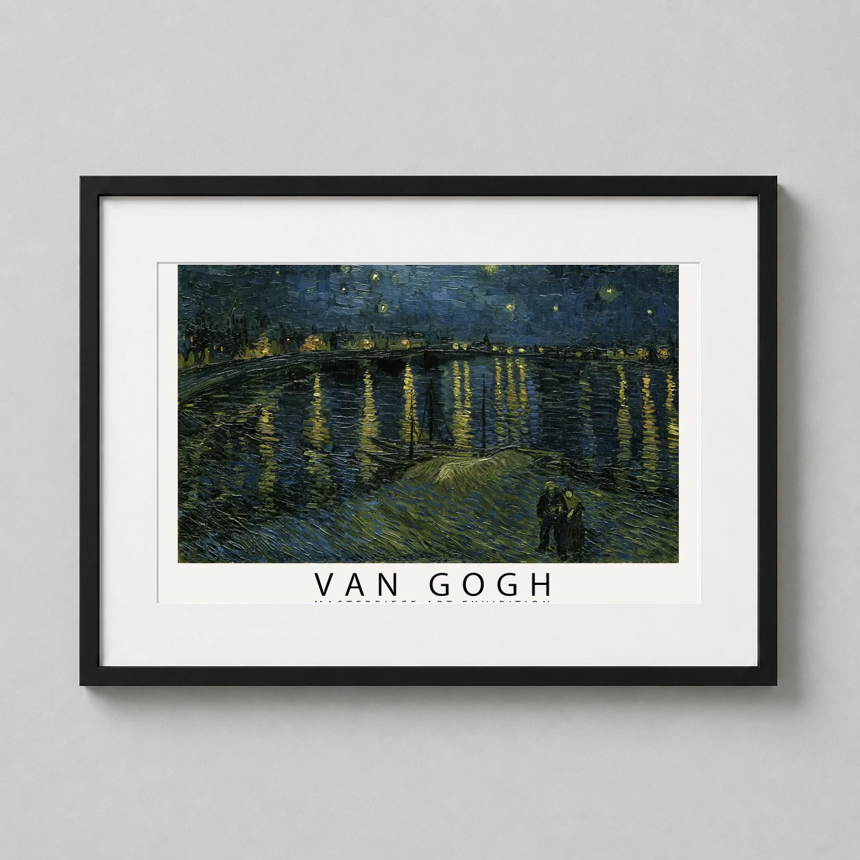 Room mockup of Van Gogh Starry Night Over the Rhone Exhibition Art Print, displayed as framed wall art in a living room setting as a landscape print with blue and gold tones.