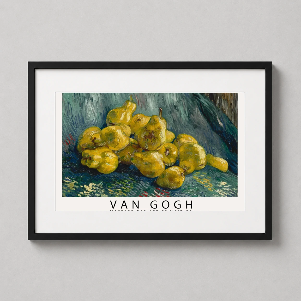 Room mockup of Van Gogh Still Life with Quinces 1889 Exhibition Art Print, displayed as framed wall art in a kitchen setting as a landscape print with blue, teal, and yellow tones.