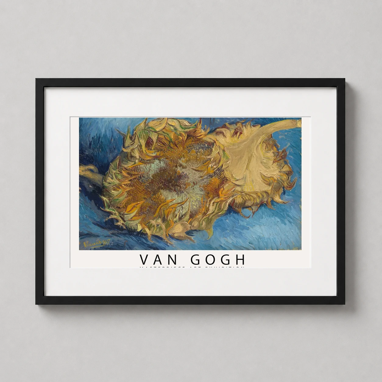 Room mockup of Van Gogh Sunflowers 1887 Masterpiece Exhibition Fine Art Print, displayed as framed wall art in a living room setting as a landscape print with blue tones.