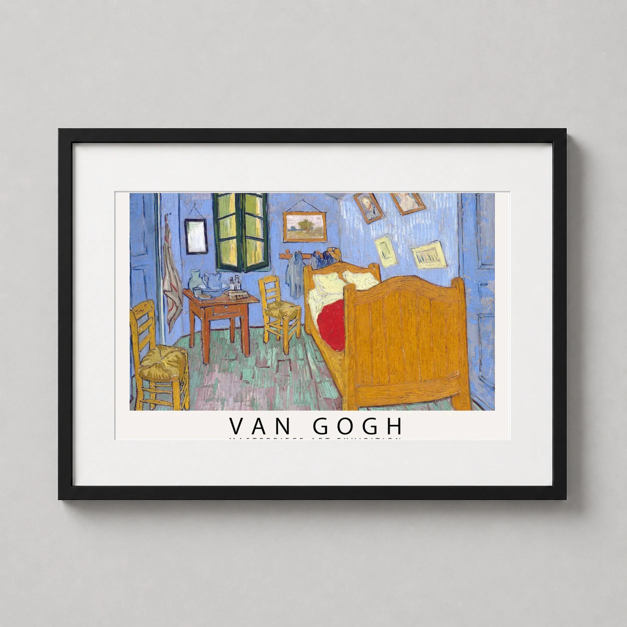Room mockup of The Bedroom by Vincent Van Gogh, Arles Masterpiece Art Print, displayed as framed wall art in a living room setting as a landscape print with blue tones.