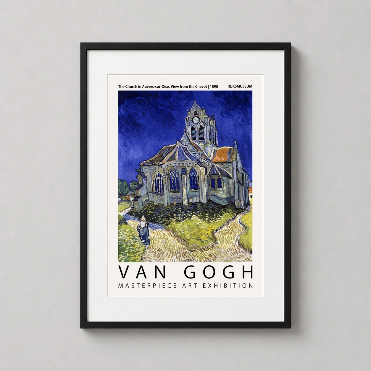 Room mockup of Van Gogh Church in Auvers-sur-Oise Exhibition Art Print, displayed as framed wall art in a living room setting as a portrait print with blue tones.