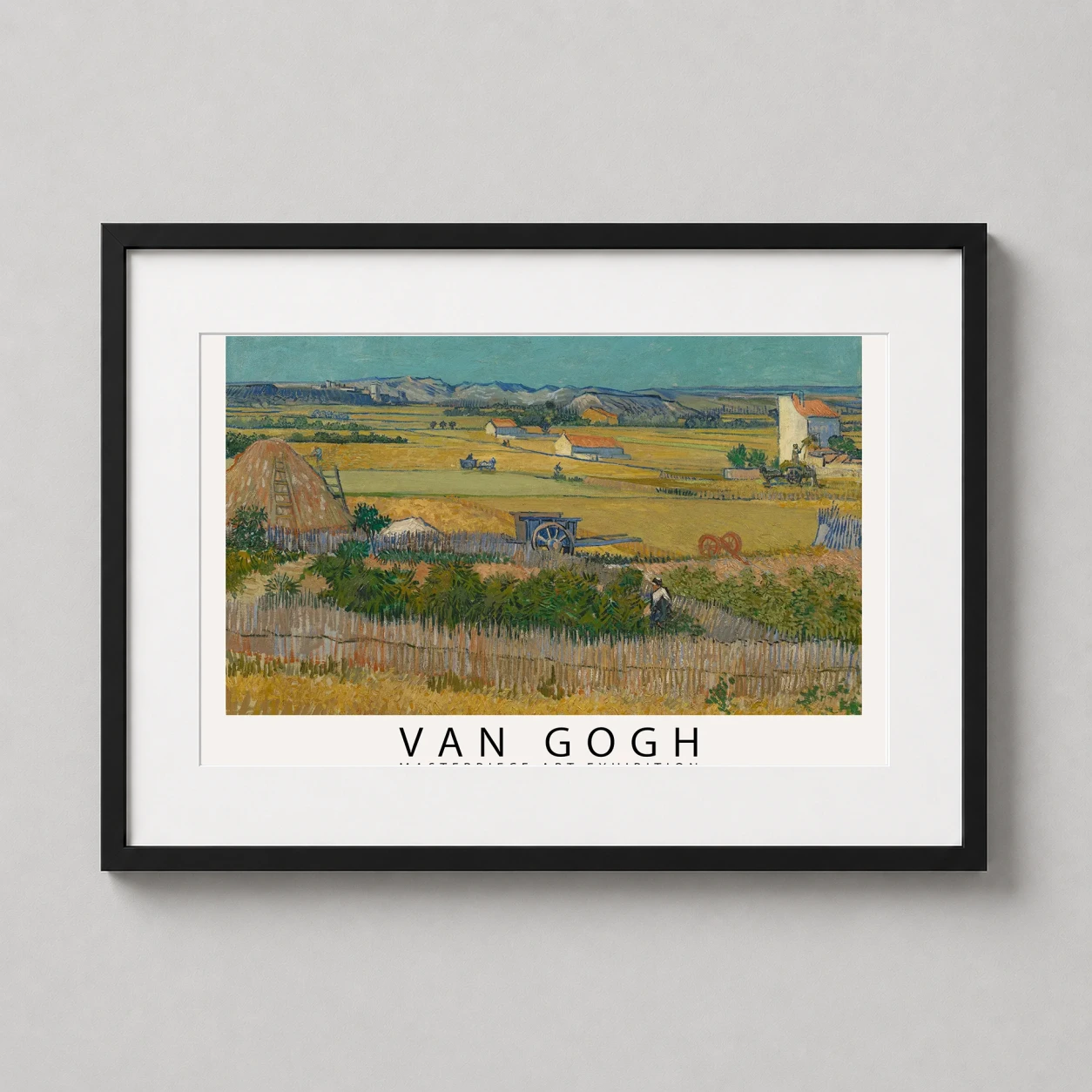 Room mockup of Van Gogh The Harvest Arles Landscape Masterpiece Art Print, displayed as framed wall art in a living room setting as a landscape print with blue tones.