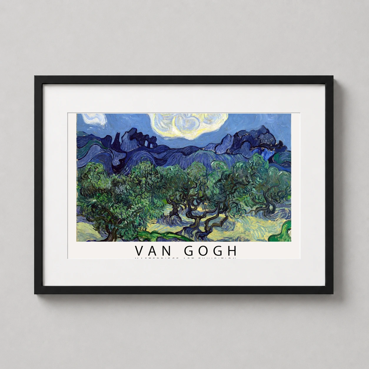 Room mockup of Van Gogh Olive Trees 1889 Saint-Rémy Museum Art Print, displayed as framed wall art in a living room setting as a landscape print with blue and green tones.