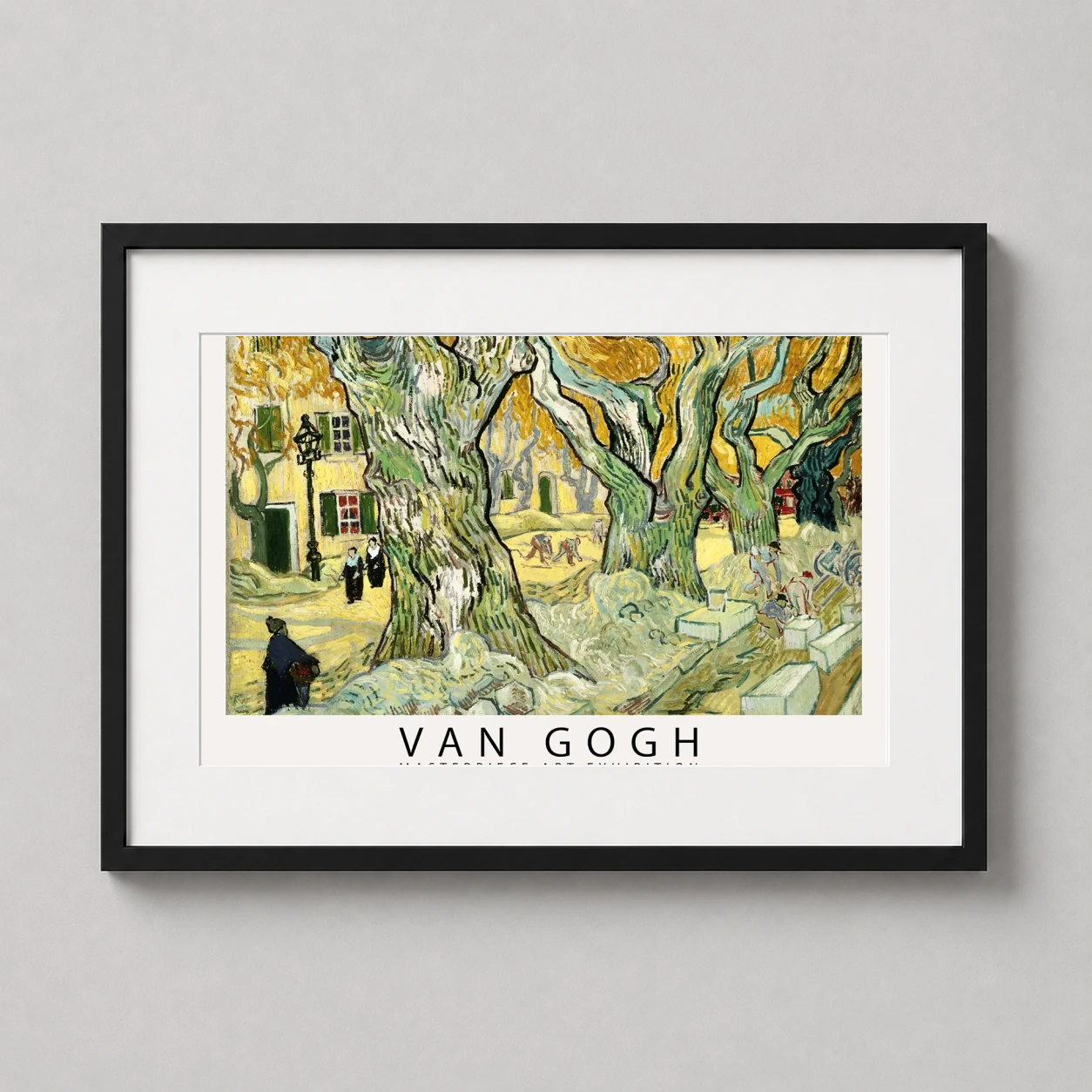 Room mockup of Road Menders, Vincent Van Gogh Masterpiece Exhibition Art Print, displayed as framed wall art in a living room setting as a landscape print with yellow tones.