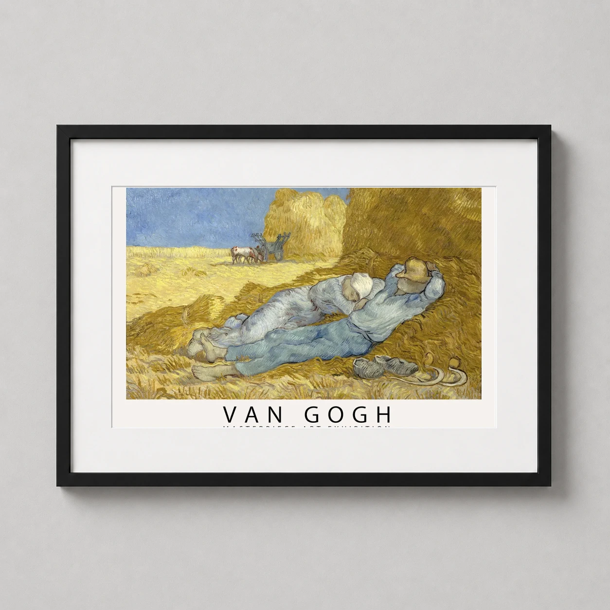 Room mockup of Van Gogh The Siesta Exhibition Poster, Impressionist Art Print, displayed as framed wall art in a living room setting as a landscape print with blue tones.