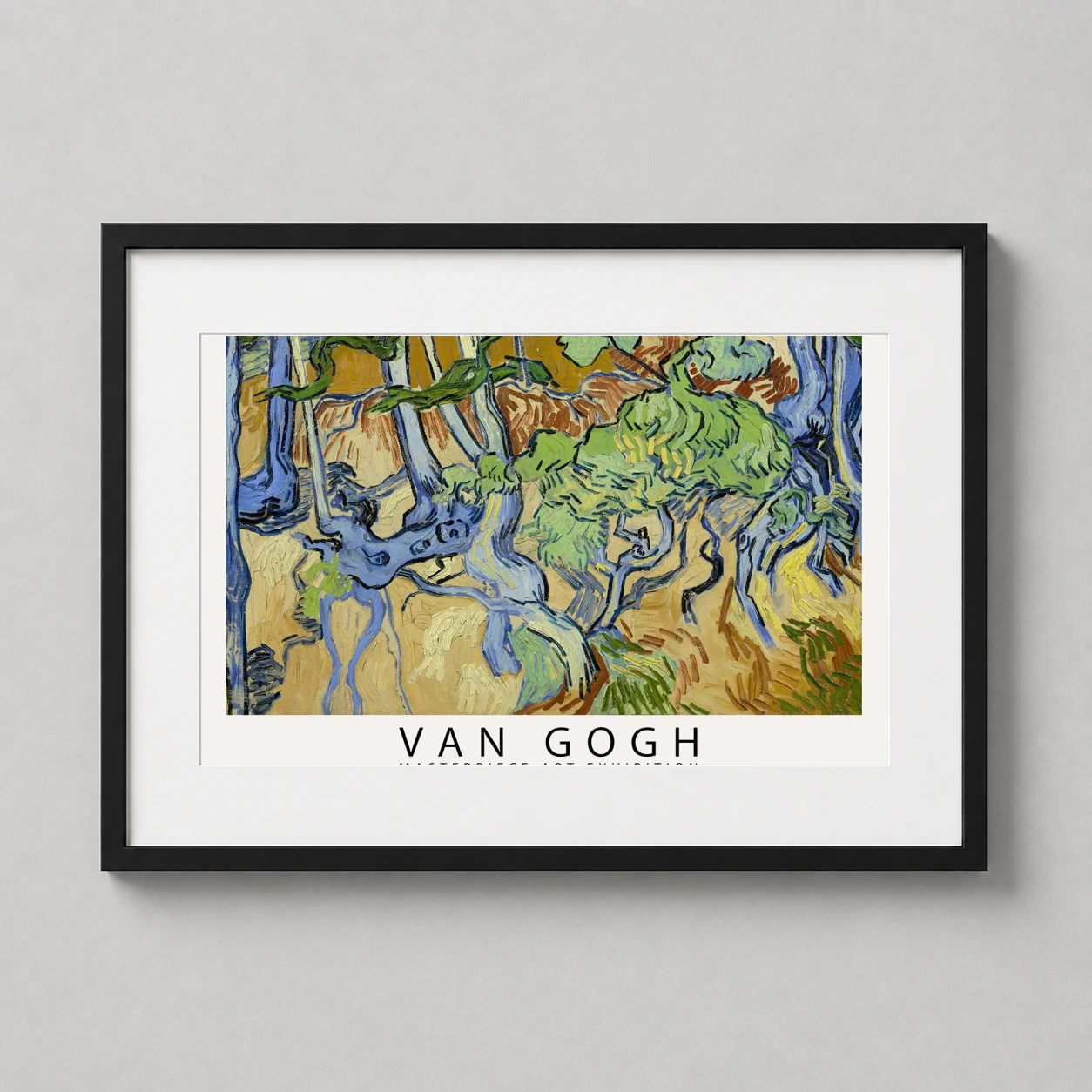 Van Gogh Tree Roots — intricate composition of blue and green gnarled tree roots and trunks