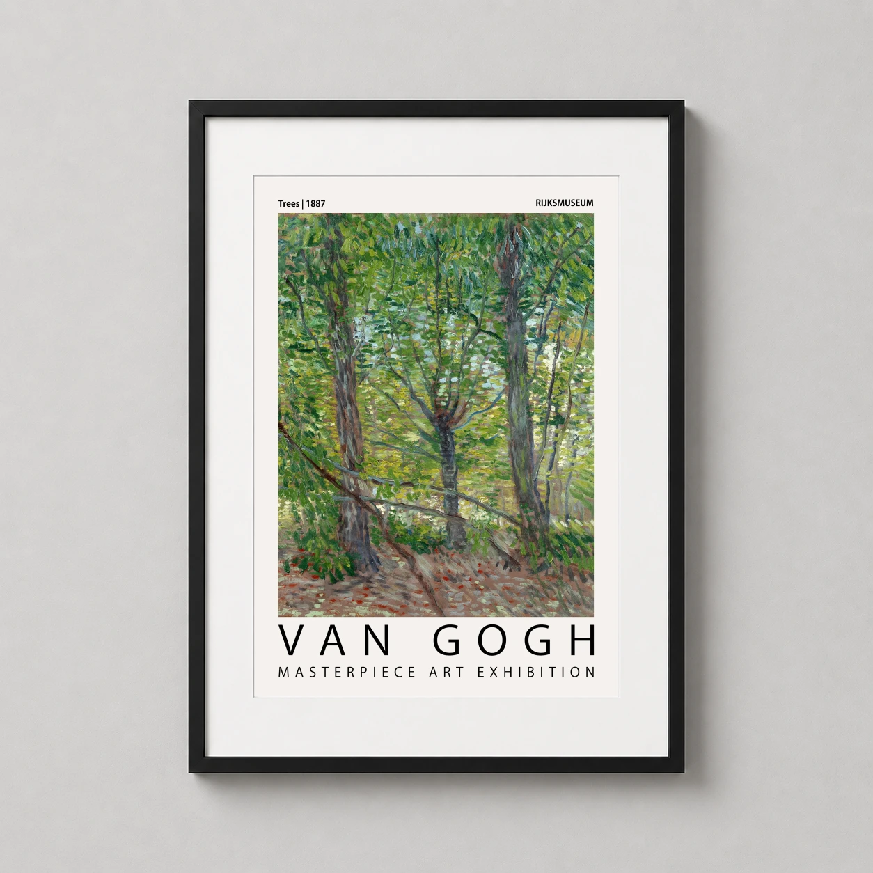 Van Gogh Trees 1887 — this 1887 Vincent van Gogh exhibition poster features a dense woodland