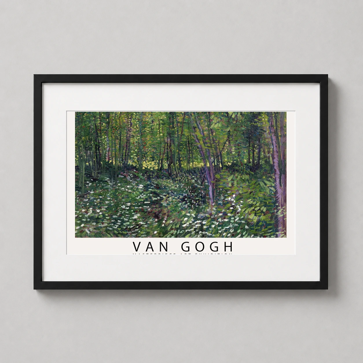 Room mockup of Trees and Undergrowth 1887 Van Gogh Exhibition Art Print, displayed as framed wall art in a living room setting as a landscape print with green and white tones.
