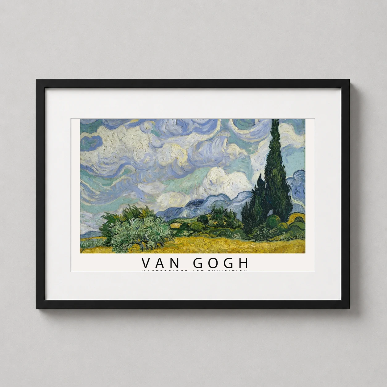 Room mockup of Van Gogh Wheat Field with Cypresses Exhibition Art Print, displayed as framed wall art in a living room setting as a landscape print with blue, green, and white tones.