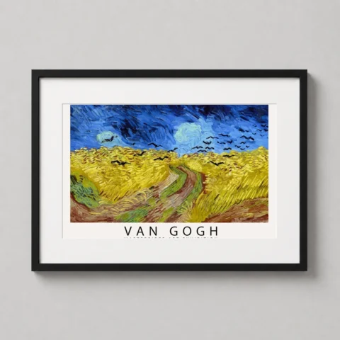 A framed Wheatfield with Crows exhibition poster displayed on a neutral wall in a modern living room setting.
