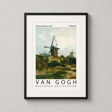 A framed montmartre art print by Van Gogh hangs in a modern living room, showcasing rustic windmills and textured oil painting details.