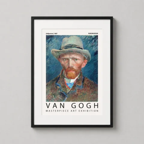 A framed Van Gogh self-portrait art print hanging on a neutral wall in a bright, modern interior design space.