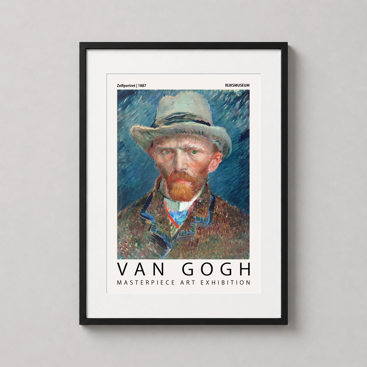Room mockup of Van Gogh Self-Portrait with Grey Felt Hat Exhibition Art Print, displayed as framed wall art in a living room setting as a portrait print with blue and grey tones.