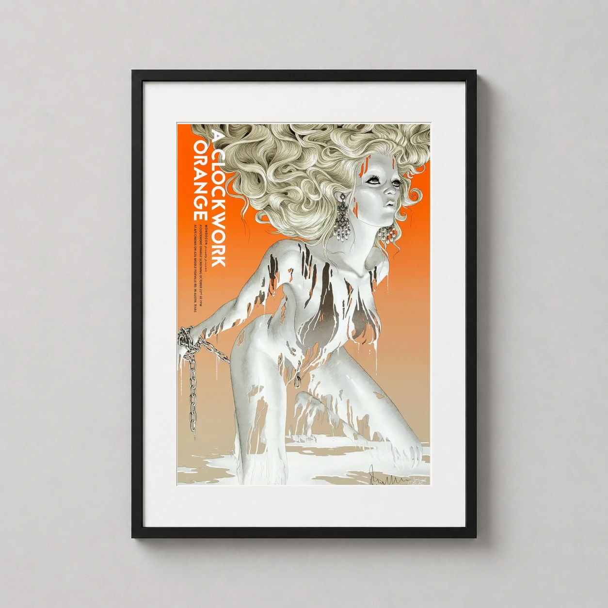 Room mockup of A Clockwork Orange Rory Kurtz Mondo Inspired Movie Poster, displayed as framed wall art in a home theater setting as a portrait print with black and white and orange tones.