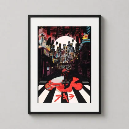 Akira Neo-Tokyo Movie Poster featuring Kaneda and his red bike in a high-contrast anime art style. by MerchFuse