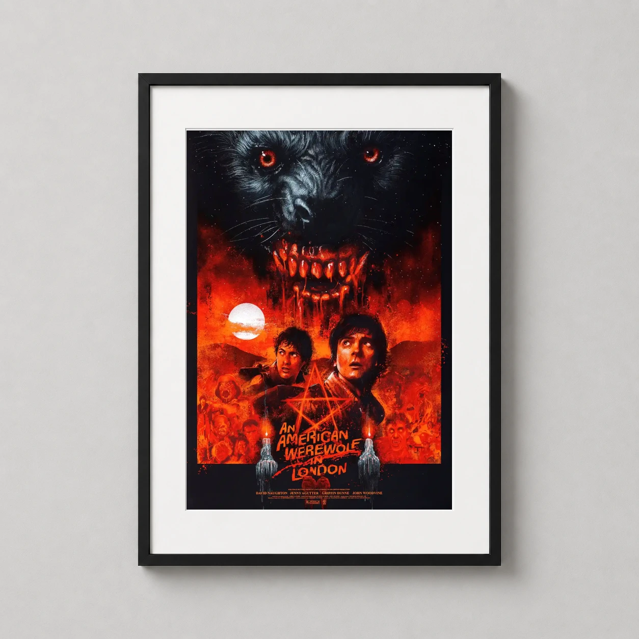 American Werewolf in London — intense horror illustration featuring the terrifying werewolf's glowing