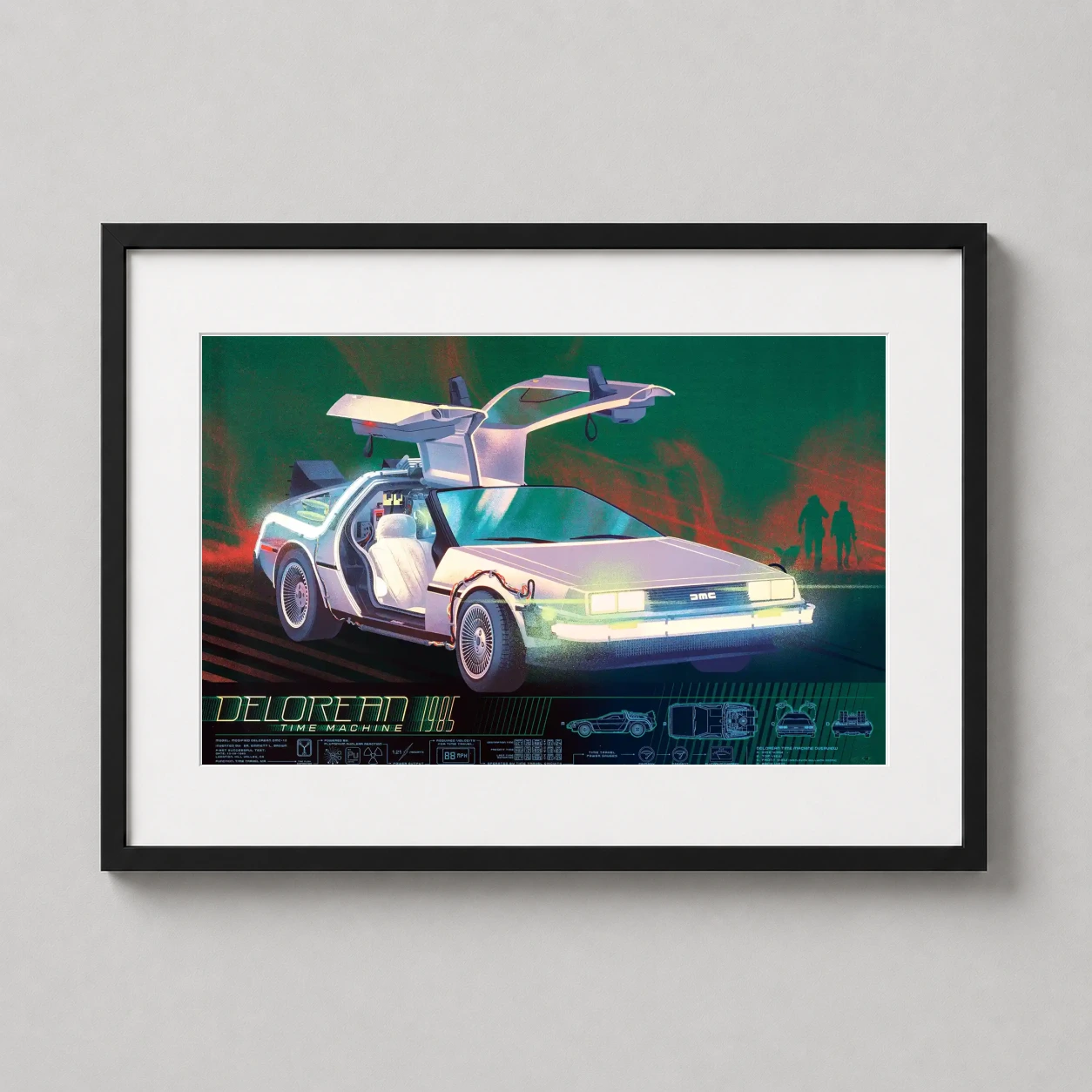 Room mockup of DeLorean Time Machine 1985 Back to the Future Movie Poster, displayed as framed wall art in a home theater setting as a landscape print with teal and red tones.