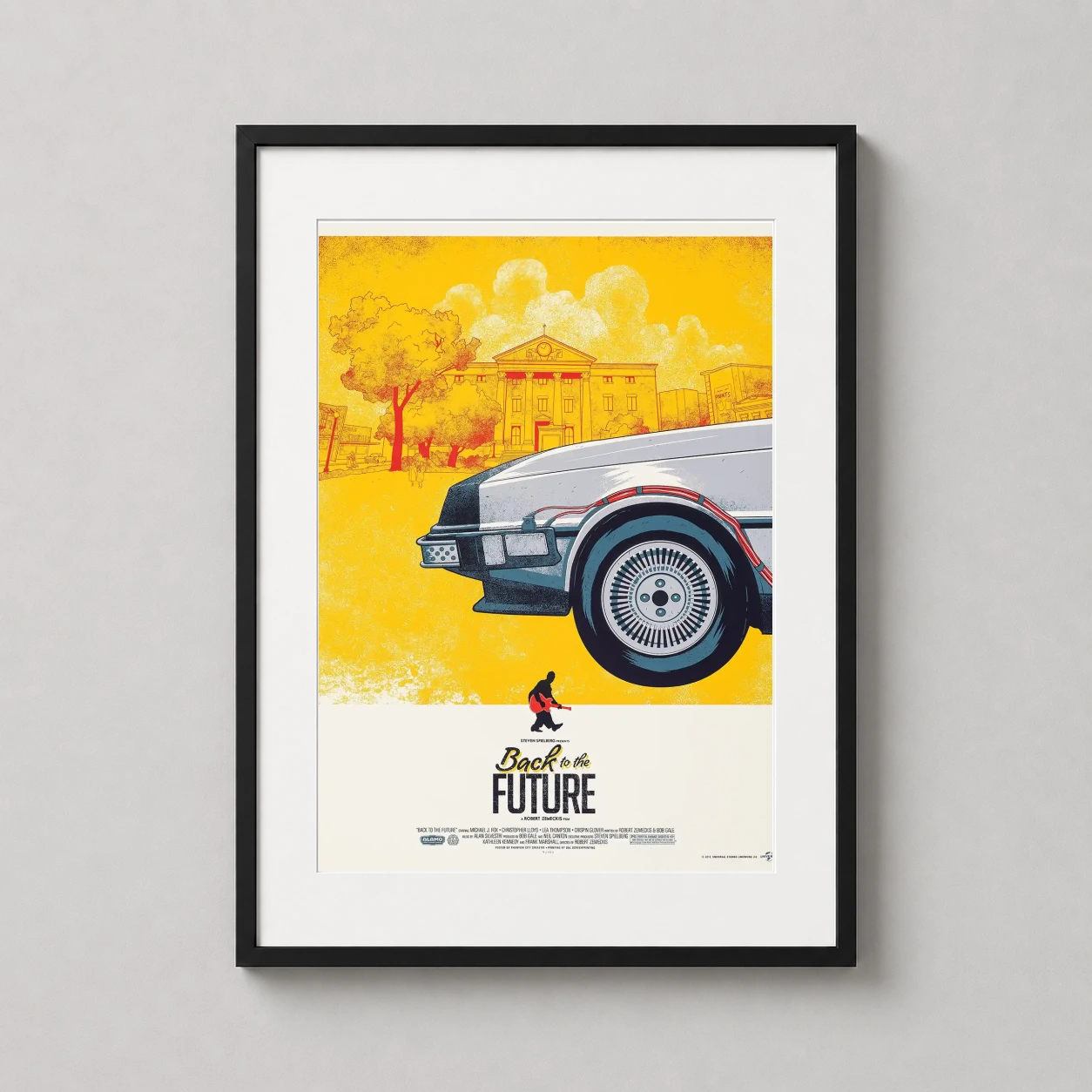 Hill Valley Back Future — vibrant yellow Mondo-style illustration featuring the DeLorean fender