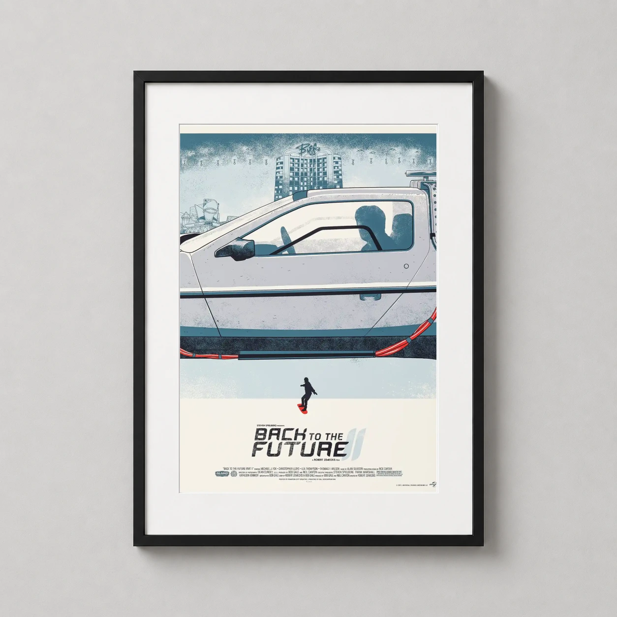 Back Future Part Ii — retro-style art print featuring the DeLorean, a silhouette on a