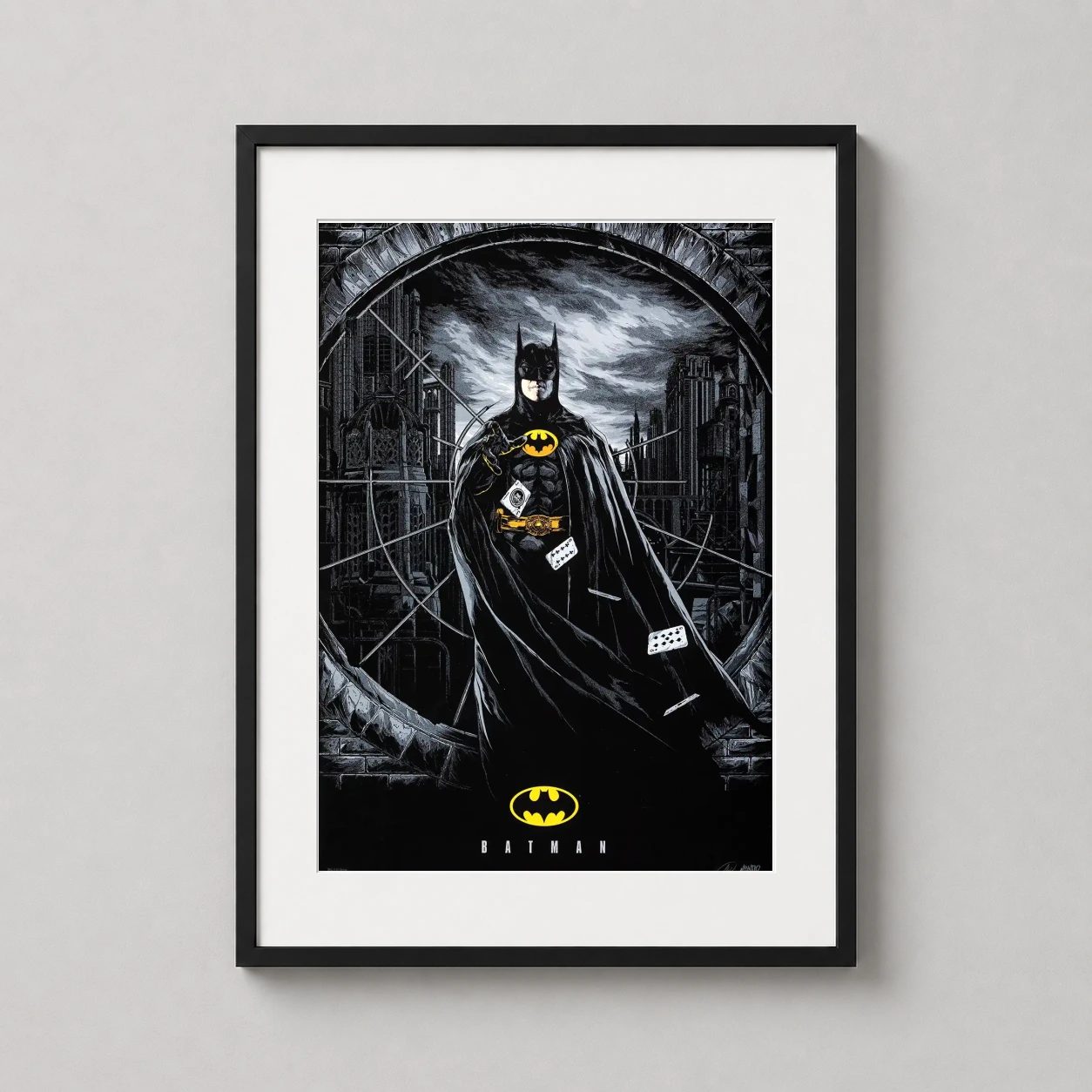 Batman 1989 Mondo Ken — monochromatic Ken Taylor illustration of Batman standing in Gotham with