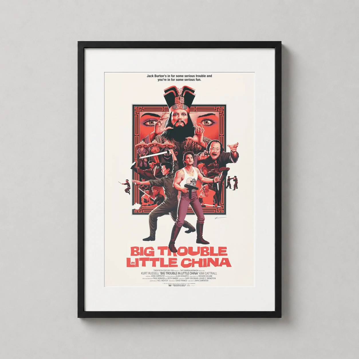 Big Trouble Little China — detailed Mondo art featuring Jack Burton, Lo Pan, and the Three Storms