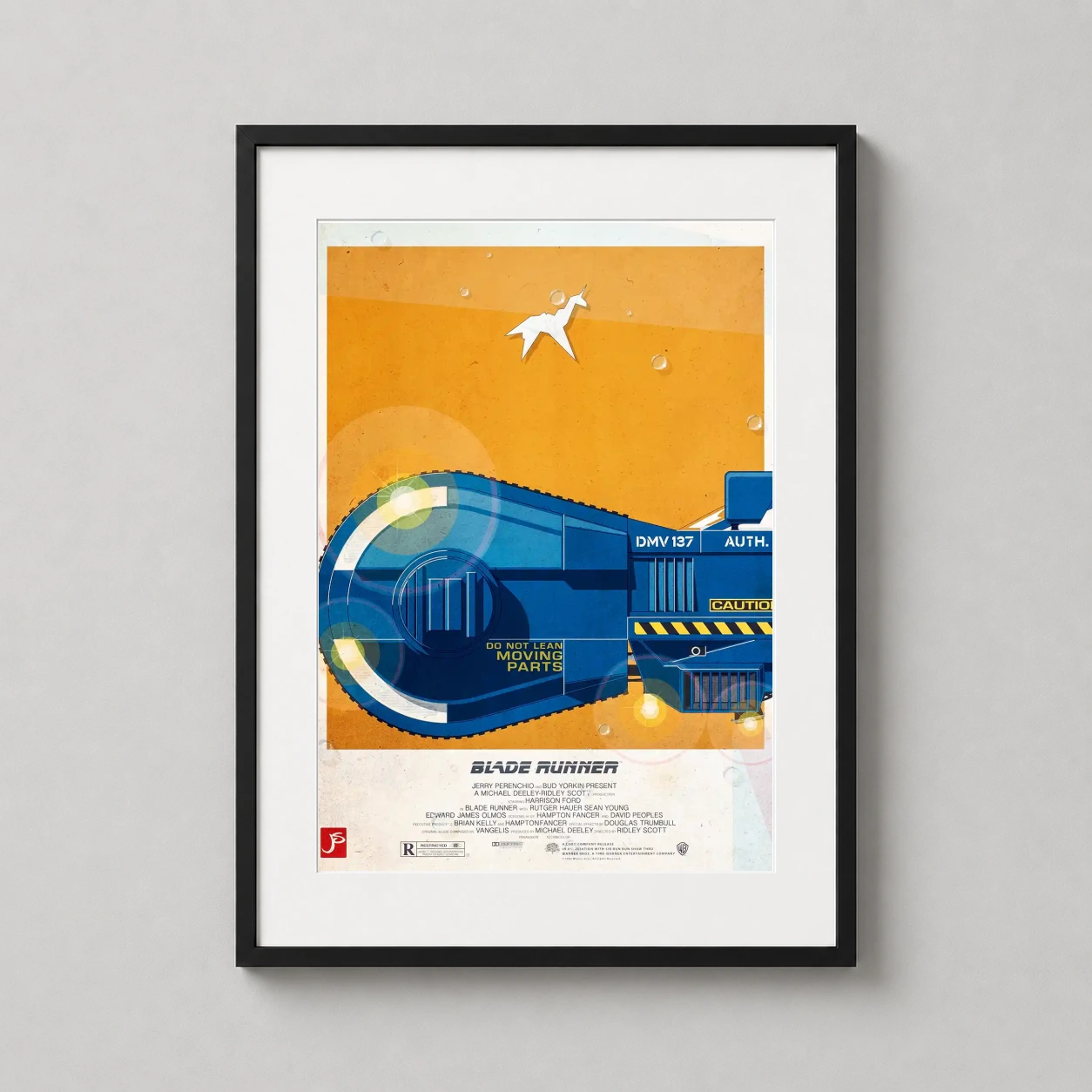 Blade Runner Spinner Vehicle — vibrant blue Spinner vehicle with caution markings sits against an