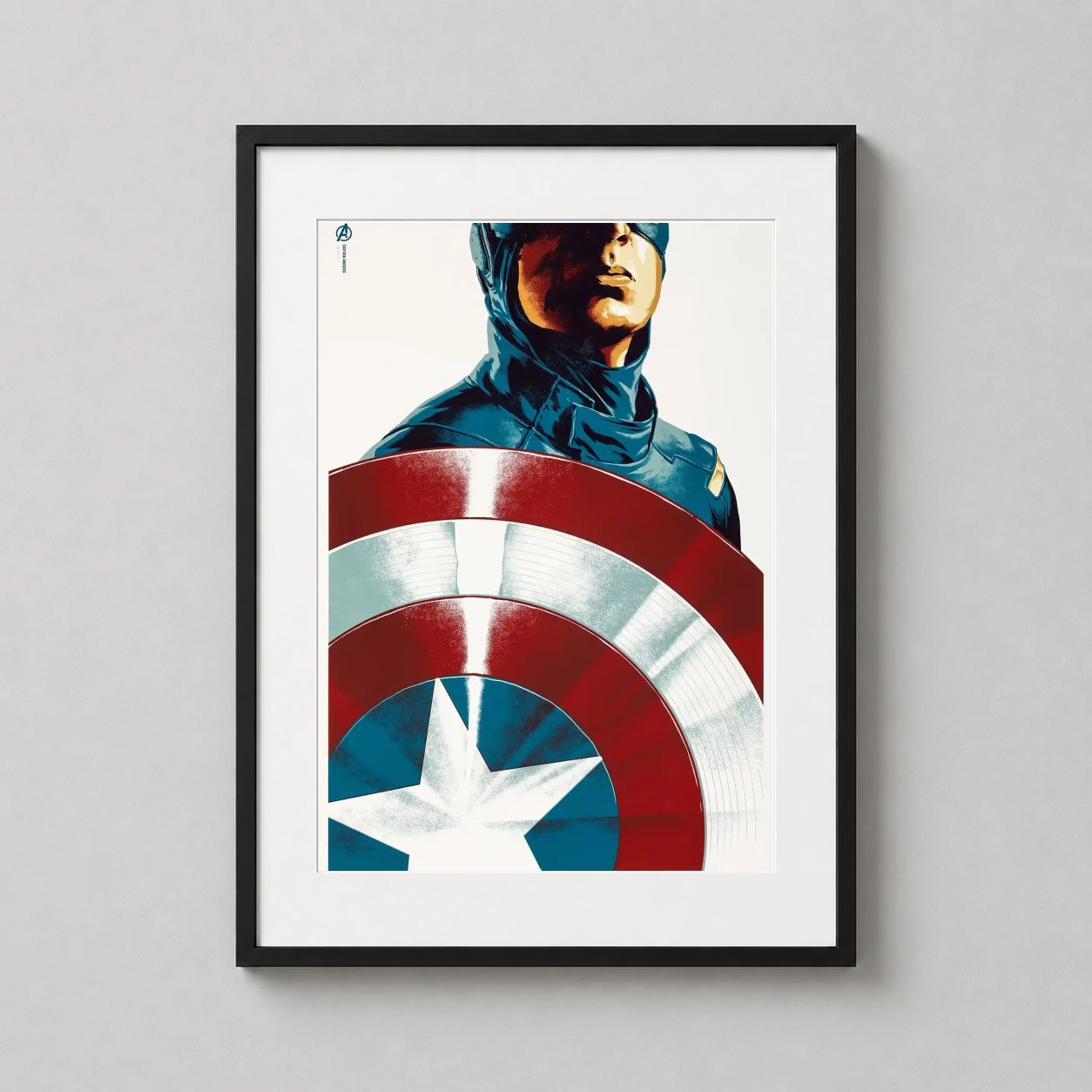 Captain America the First Avenger — minimalist illustration of Captain America in a teal uniform behind his