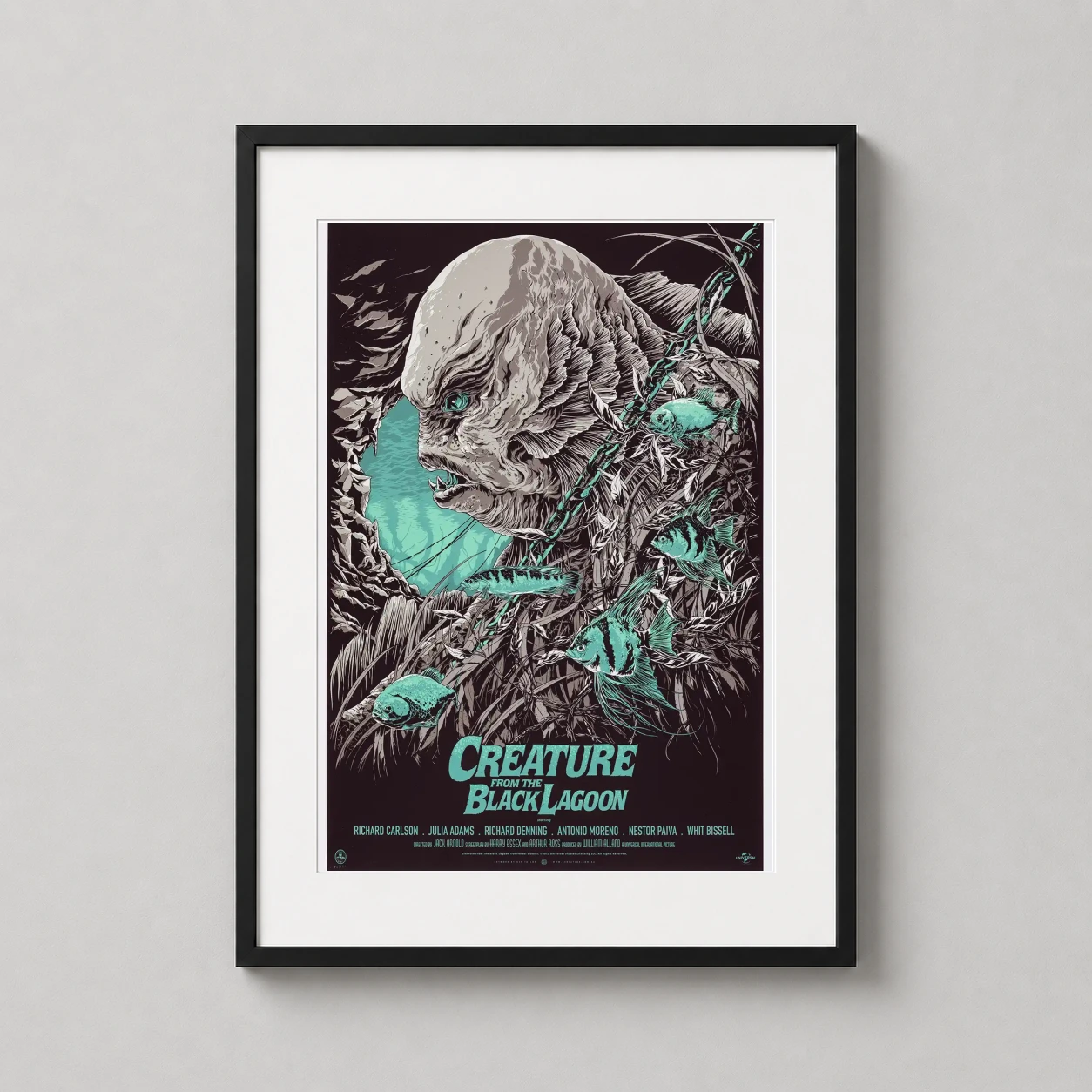 Creature Black Lagoon Ken — detailed illustration of the Gill-man submerged among tropical fish and